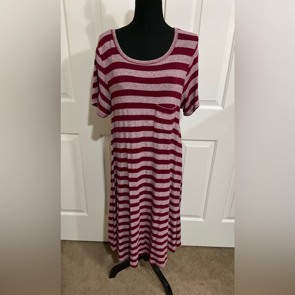 LuLaRoe M Striped Pocket Tee Carly Dress in Burgundy and Pink